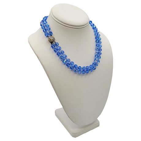 Vintage Mid-Century 2-Strand Blue Aurora Borealis Bead Statement Necklace