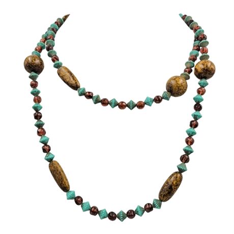 Long Brown and Teal  Plastic Bead Necklace