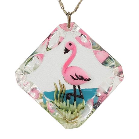 Vintager Reverse Carved Lucite Pink Flamingo Pendant Necklace