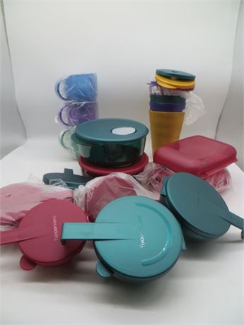 NEW VINTAGE TUPPERWARE 3 MUGS, ROCK N SERVE BOWLS MICROWAVEABLE, 2 SLIM PACKS &