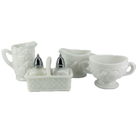 Lot of Milk Glass Cream, Sugar & Salt & Pepper