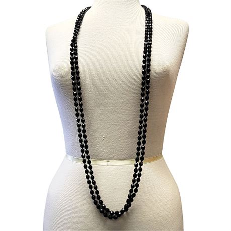 Pair 50" Faceted Jet Black Hand-Knotted Necklaces