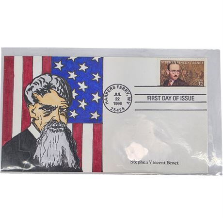 FDC 1998 Stephen Vincent Benet, Hand Painted & Signed