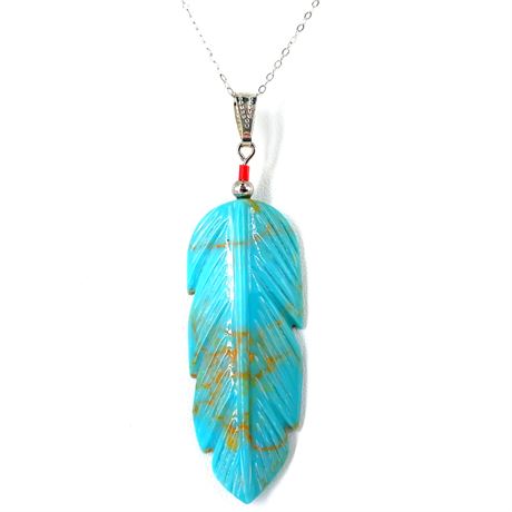 Carved Feather Pendant Necklace – Turquoise-Color Resin & Silver-Tone Chain