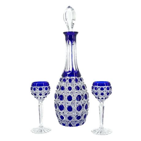 Cobalt Blue Cut to Clear Crystal Decanter and Cordial Glass Set Bohemian Czech S