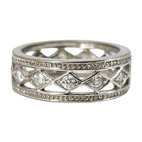 Vintage Silver Tone CZ Openwork Band Ring, Sz 9