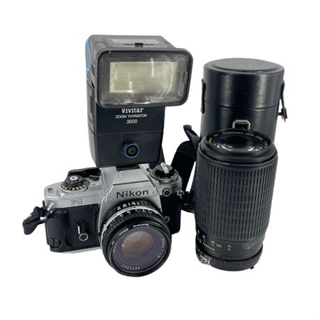 Vintage Nikon FG 35mm Film Camera w/ 2 Lenses, Vivitar Flash