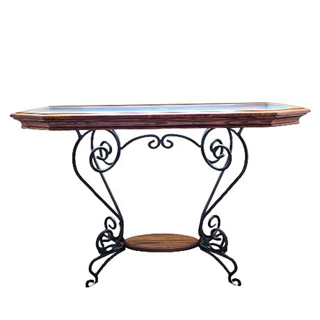 Oak & Curved Iron Console Table w/ Beveled Glass Top Insert