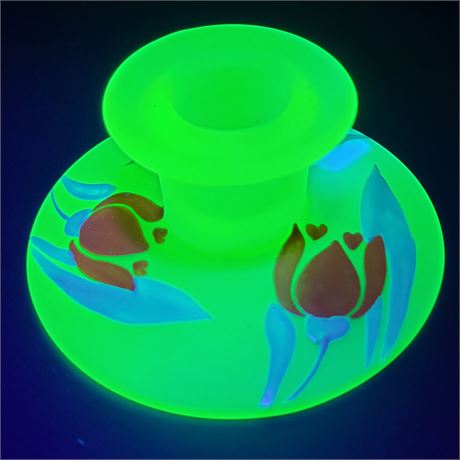 Vintage Single Green Glass Hand-Painted Candlestick UV Reactive