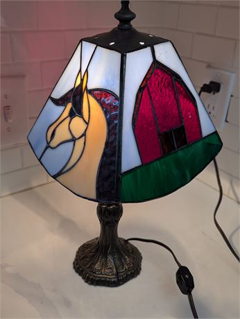Vintage Handmade Stained Glass Red Barn Farm White Horse Lamp 14" T X 7" W.