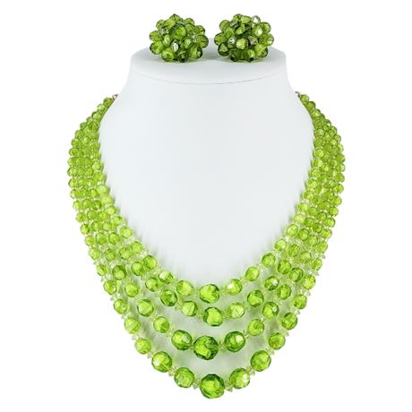 Vintage West German 4-Strand Green Faceted Glass Necklace & Clip Earrings