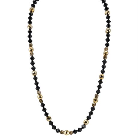 Vintage Black Bi-Cone Crystal Bead Necklace w/ Gold Tone/Rhinestone Accents