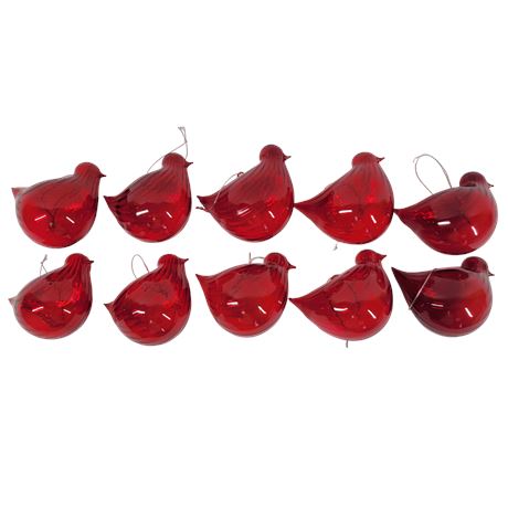 Red Blown Glass Bird Ornaments - Set of 10