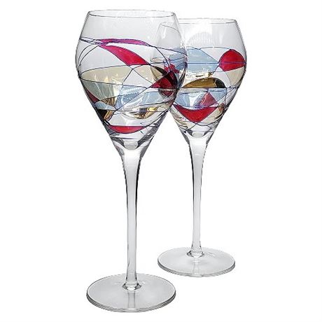 Pair Monarch "Milano" Art Glass Water Goblets w/ Colorful Scribble