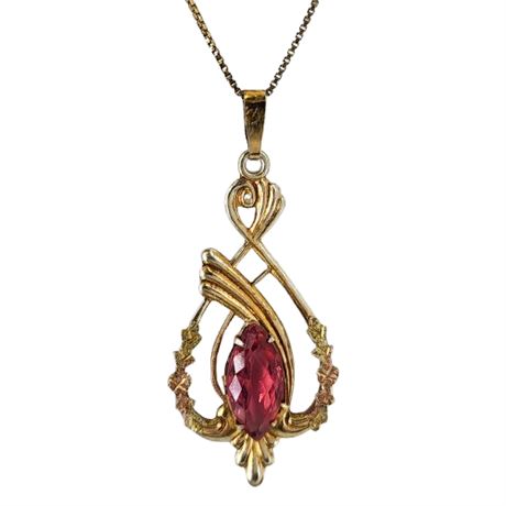 Vintage Gold Over Sterling Silver Pink Navette Pendant Necklace
