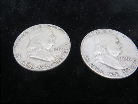 Two 1961 D Ben Franklin Half Silver Dollar