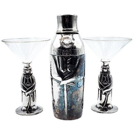 Towle Silver Plate Penguin Cocktail Shaker & Glasses Set