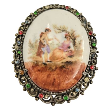 Vintage Rhinestone and Porcelain Sweetheart Cameo Brooch