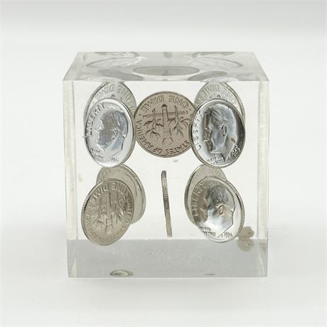 Vintage Lucite Paperweight with Floating Dimes