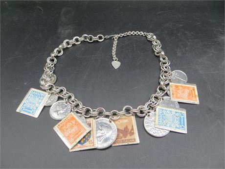 VINTAGE CHARM BRACELET EUROPEAN COINS & STAMPS