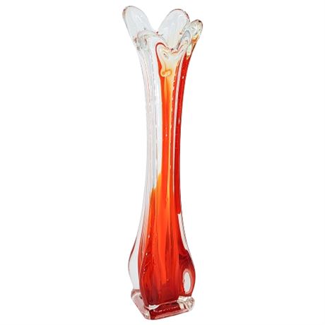 Vintage Murano Style 4 Finger Orange & Clear 11" Swung Glass Vase
