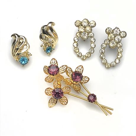 Vintage Purple Rhinestone Flower Brooch & Earrings