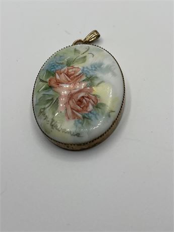 Signed Hand painted porcelain brooch