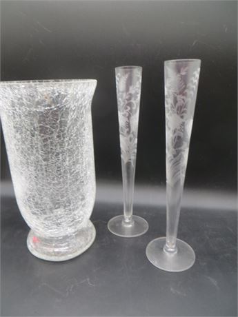 Crackle Glass Vase & Etched Bud Vases