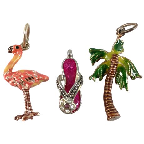 Vintage Enamel Charm Lot – Palm Tree, Flamingo & Figural Charm (3)