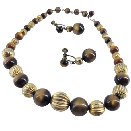 Vintage Brown Moonglow Lucite and Bead Necklace and Screw-Back Earrings