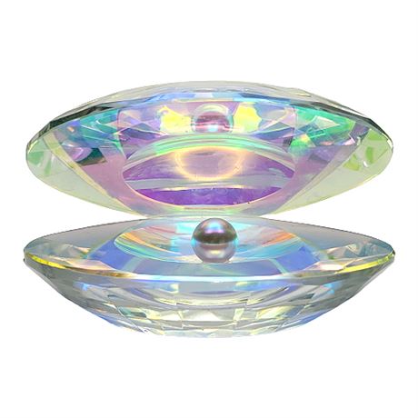 Signed Oleg Cassini Iridescent Crystal Art Glass Oyster w/ Pearl
