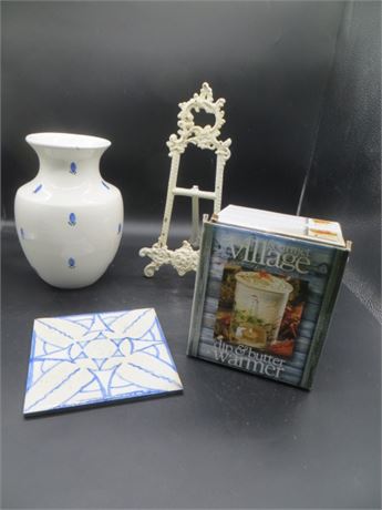 Vase, Francy Wrought Iron Easel, Tile & Dip & Butter Warmer MIB