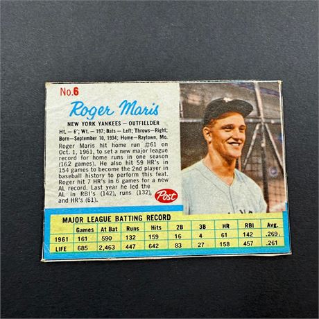 1962 Post Hand Cut Roger Maris