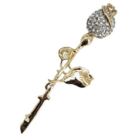 Vintage Long Stem Pave Set Rhinestone Rose Brooch