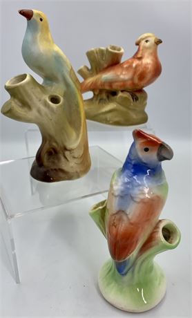 Trio of Vintage Czechoslovakia Bird Pottery Flower Vases, Flower Frog