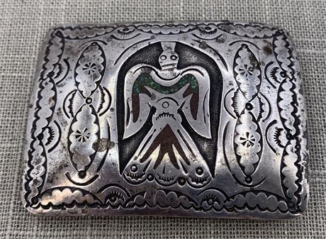 1970s Native American Indian Crafted Silver Thunderbird Belt Buckle Signed T