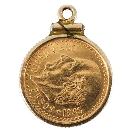 Vintage 1945 2-1/2 Peso Gold Coin in Gold Filled Bezel Charm