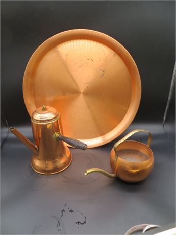 Copper Teapot w/Side Handle, Tray & Sprinkling Can