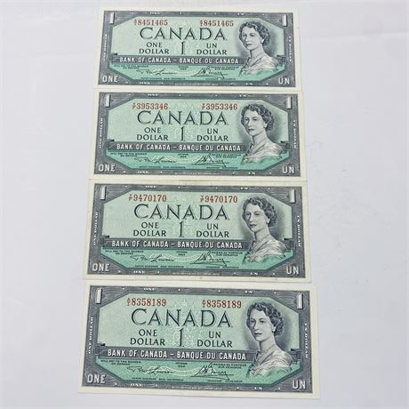 4 UNC 1954 Canada $1 Bills