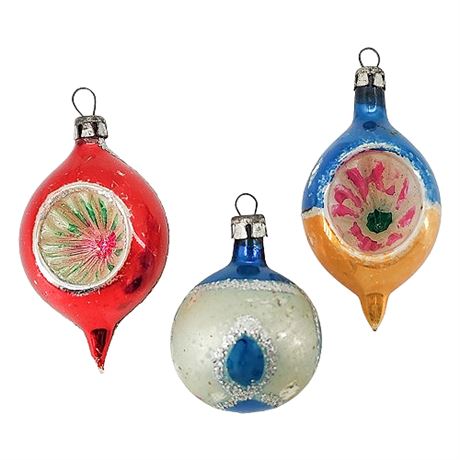 Three Vintage Poland Indent & Mica Glitter Glass Mini Ornaments