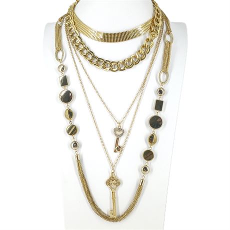 Gold-Tone Chain Necklaces, Lot of 4 Including Geometric Detail and Key Pendants