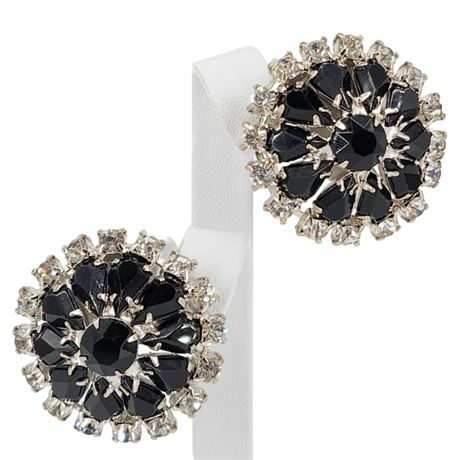 Vintage Large Prong Set Black & Clear Rhinestone Domed Clip Earrings