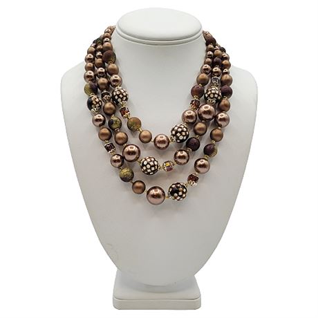 Vintage Mid-Century 3-Strand Brown Faux Pearl/Bead Statement Necklace