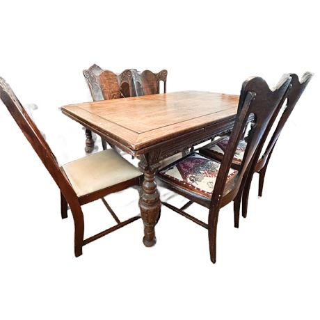 Vintage Jacobean Walnut Dining Table with 6 Chairs
