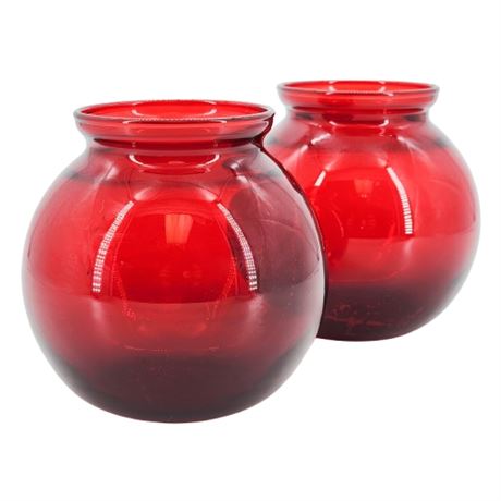 Vintage Anchor Hocking Royal Ruby Red Glass Ivy Ball Vases, Pair of 2
