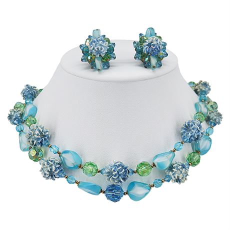 Vintage 2-Strand Art Glass & Molded Plastic Necklace & Clip Earrings Set
