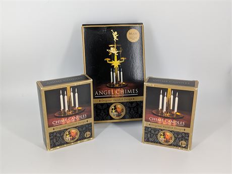 New in Box Brass Angels Christmas Chime Candle Display w/2 boxes Candles