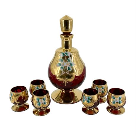 Hand Painted Bohemian Ruby Glass Cordial Set