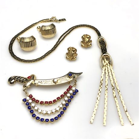 Vintage Tammey Jewels, Napier, Frog Earrings, Rhinestone Sword Brooch