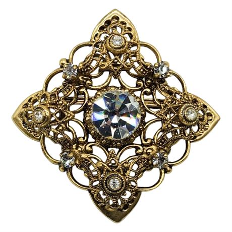 Vintage Victorian Revival Filigree Rhinestone Brooch